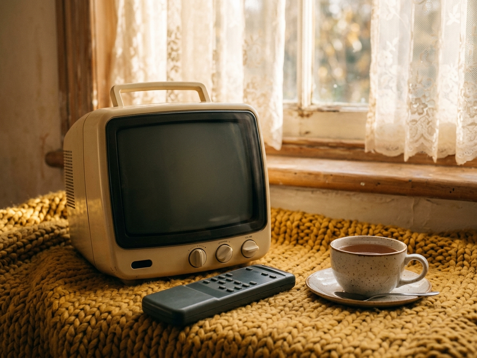 Un petit téléviseur portable ancien et une télécommande imposante posés sur un plaid en crochet, à côté d'une tasse de thé.