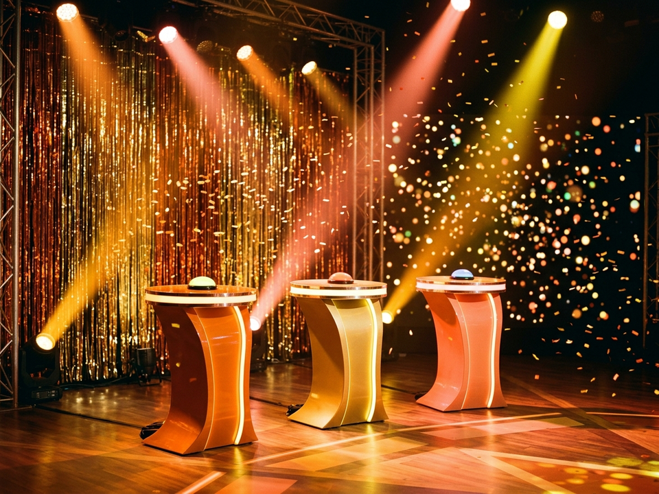 Un plateau de jeu télévisé rétro avec trois pupitres colorés, des buzzers lumineux, des rideaux à paillettes et des confettis.