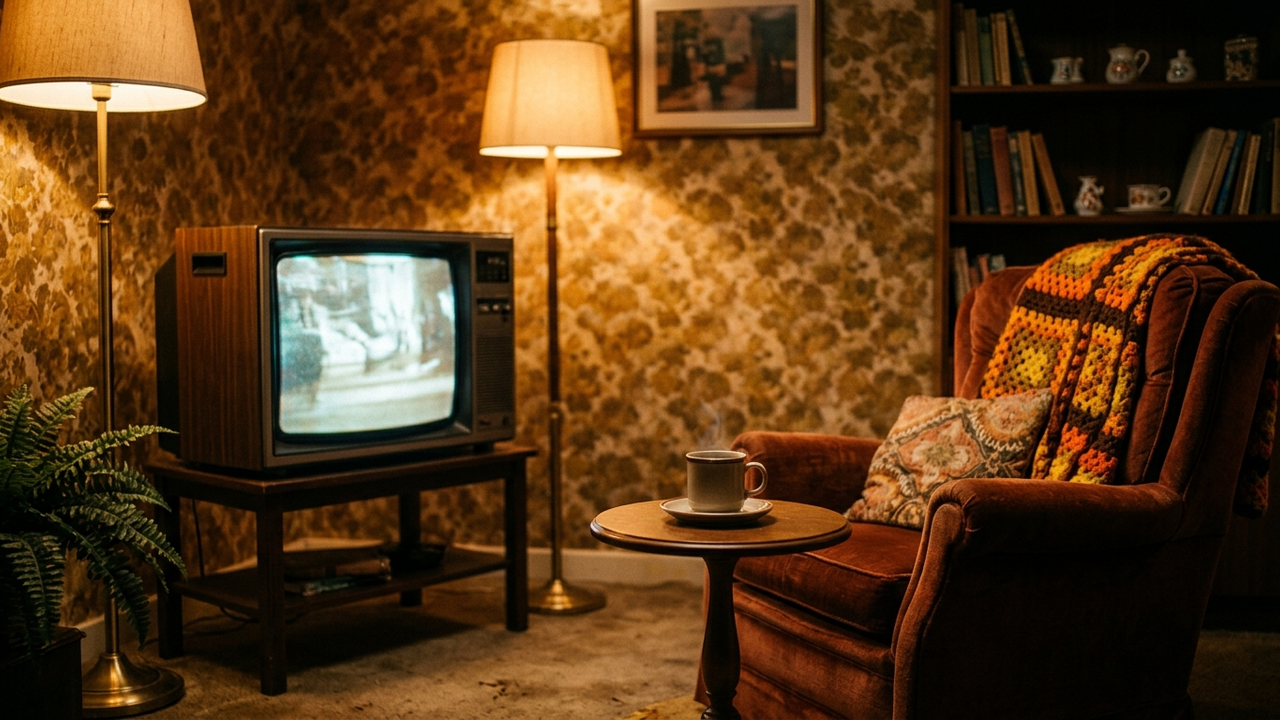 Un téléviseur ancien à habillage bois éclaire doucement un salon cosy des années 1980, avec un plaid en crochet et une tasse de thé.