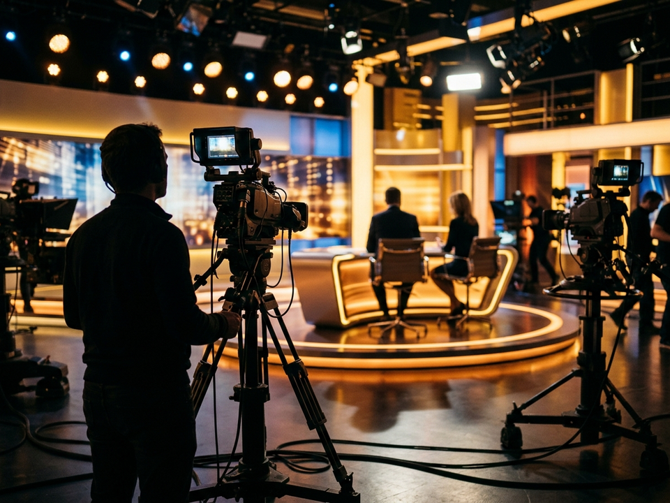 Un plateau de télévision vu de derrière les caméras, avec des projecteurs et les silhouettes anonymes d'un pupitre de présentation.