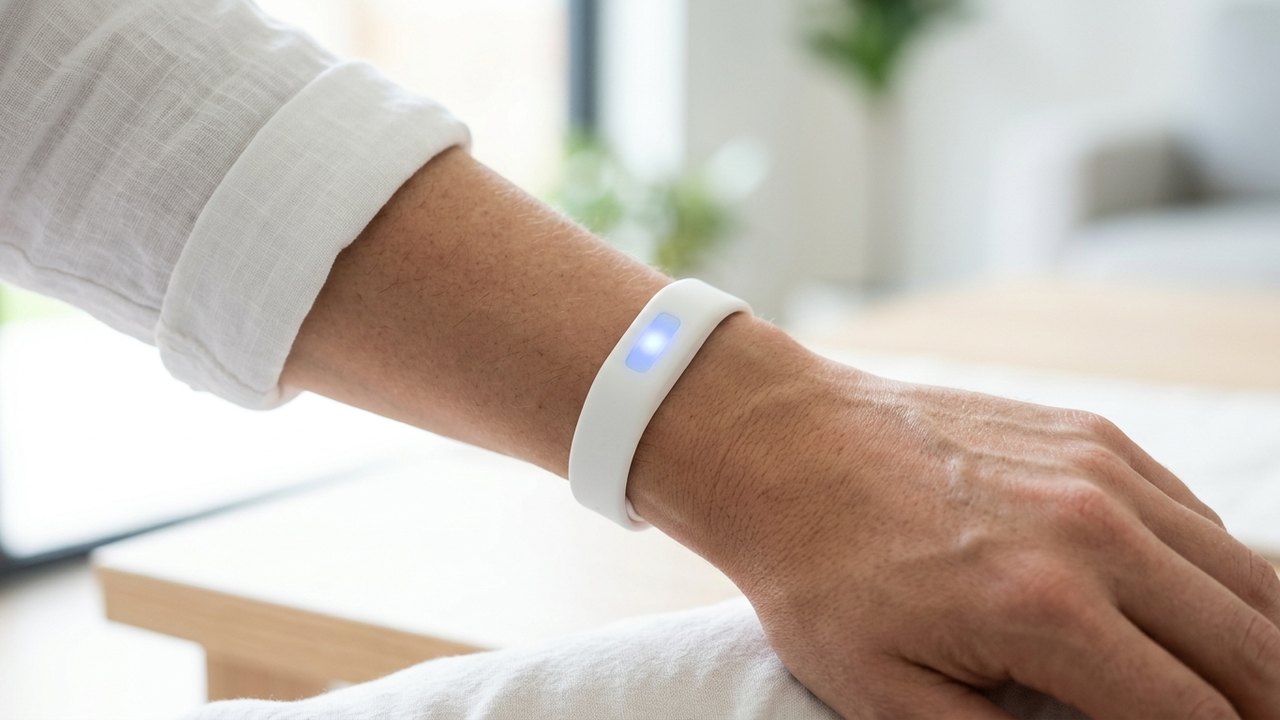 Bracelet anti-moustiques en silicone porté au poignet, avec un module lumineux bleu.