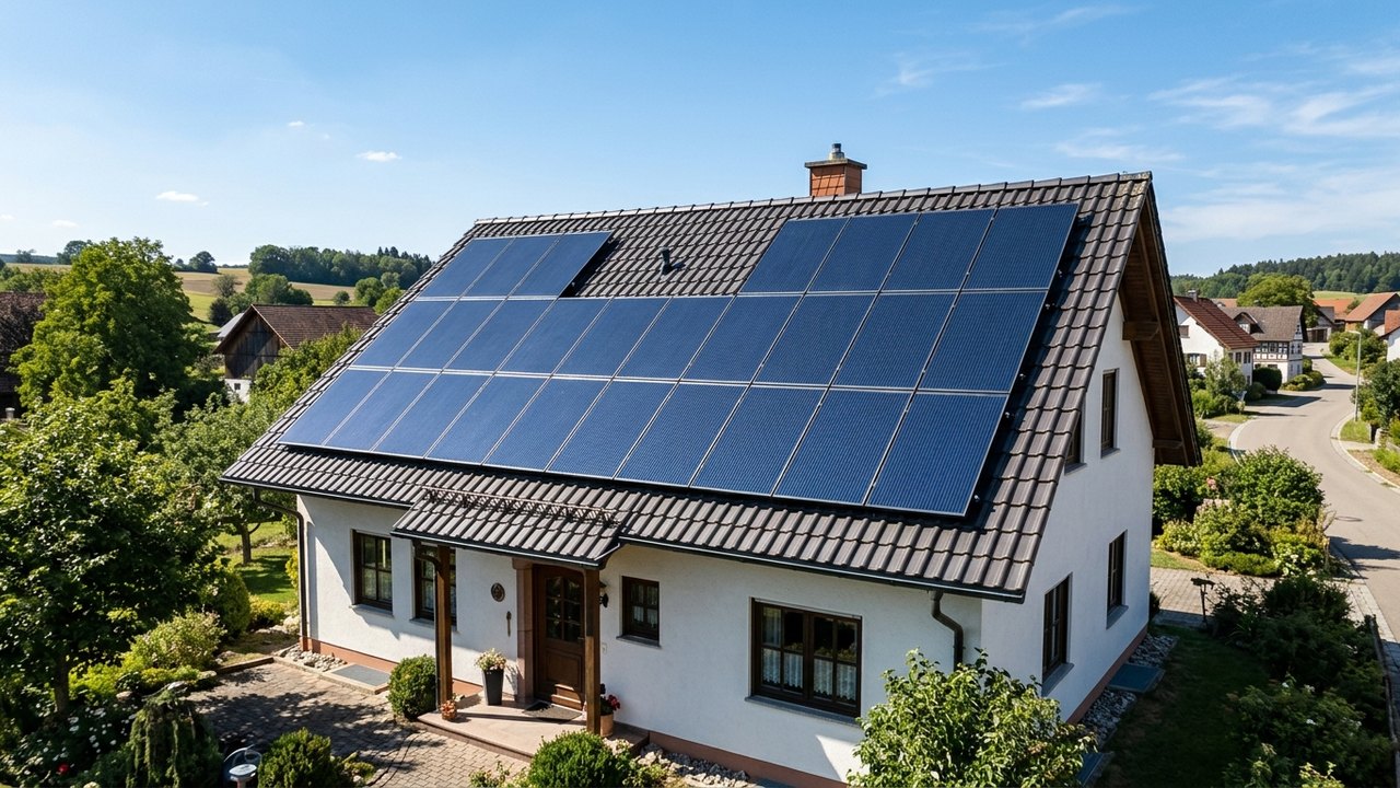 Panneaux solaires photovoltaïques installés sur le toit en tuiles d'une maison.